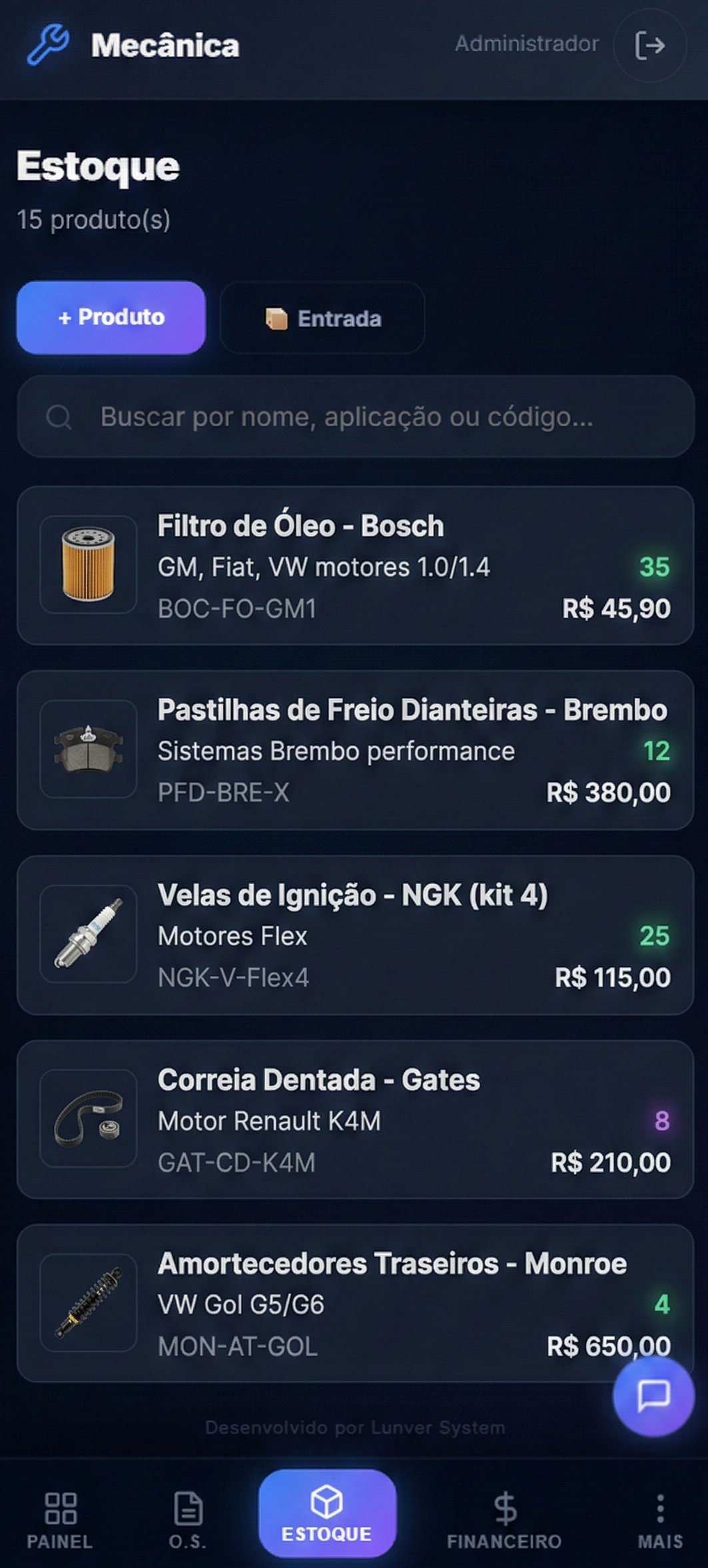 Lunver System aberto na tela do celular